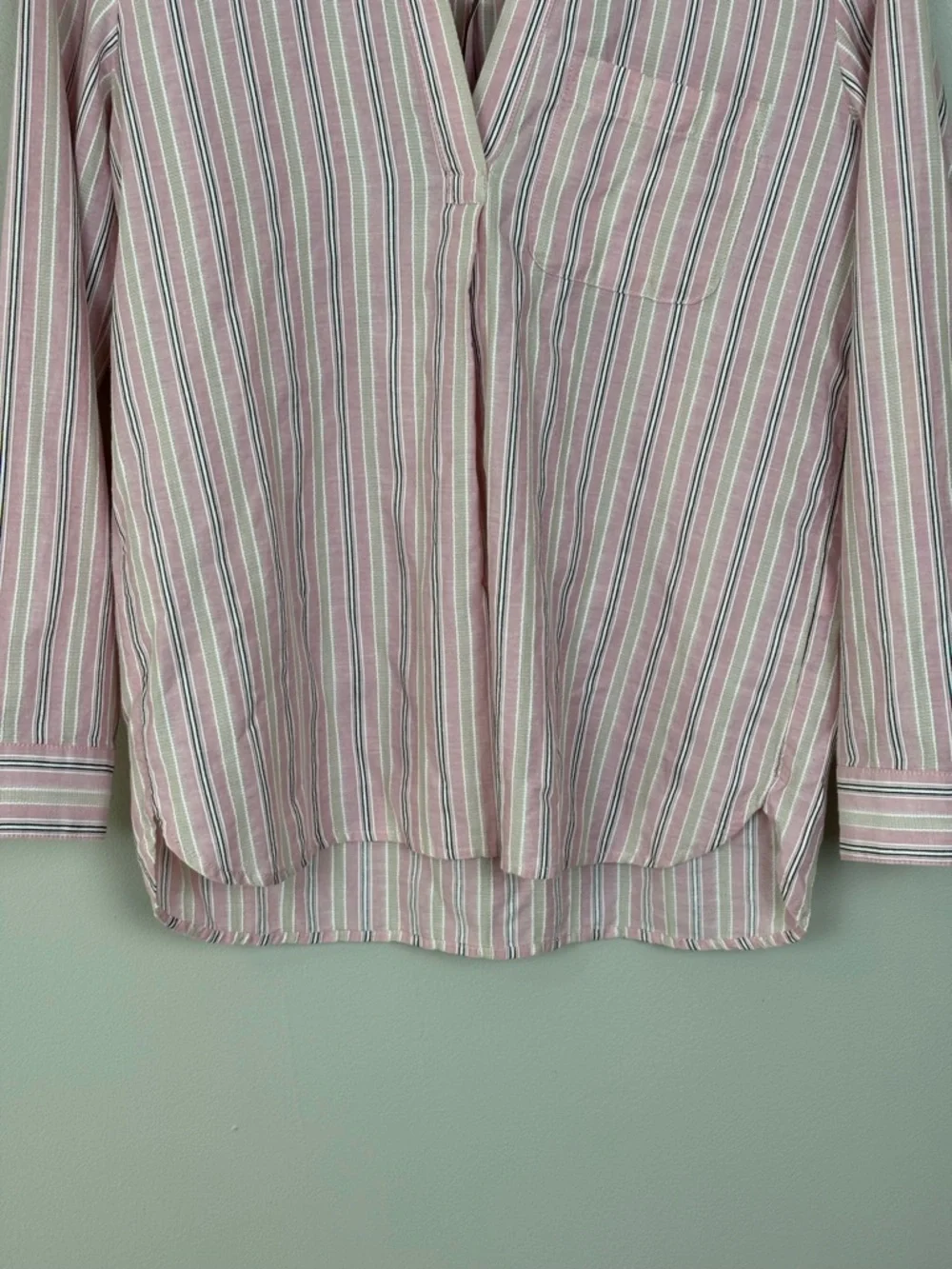 J Crew Top Womens XS Pink White‎ Stripe V-Neck Cotton Poplin Long Sleeve Blouse